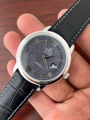 Omega Slim Black Leather Strap Watch