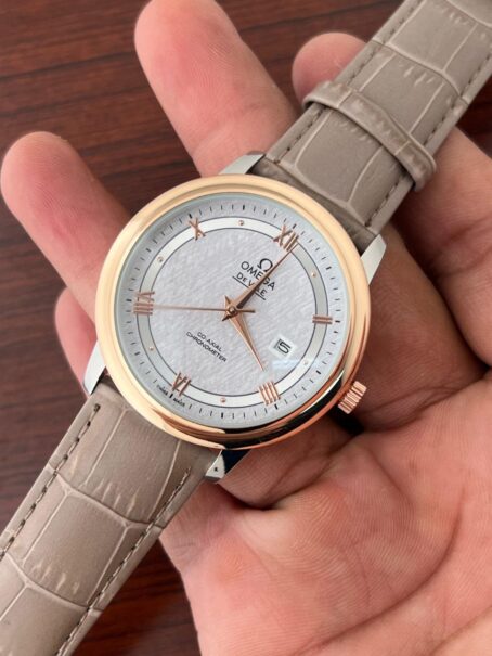 Omega Slim Grey Leather Strap Watch